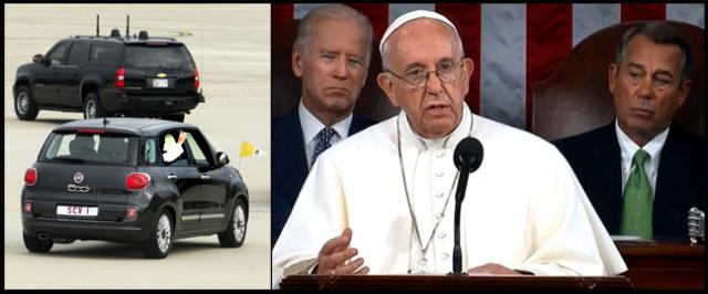 Pope Francis arriving by Fiat and speaking in front of VP Joe Biden and House Speaker John Boehner